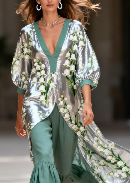 Plus Size V Neck Print Silk Top And Linen Pants Two Pieces Set Summer