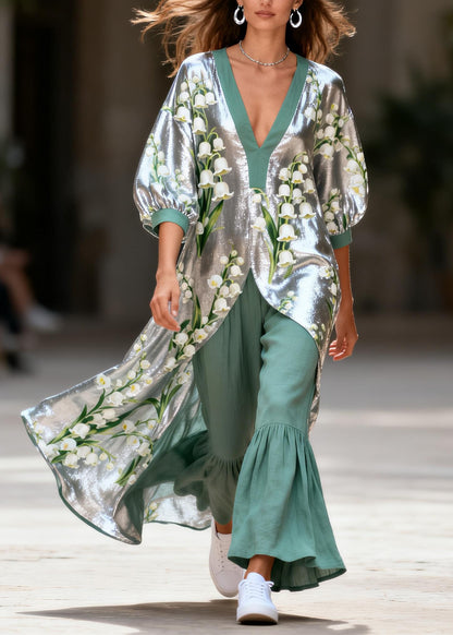 Plus Size V Neck Print Silk Top And Linen Pants Two Pieces Set Summer