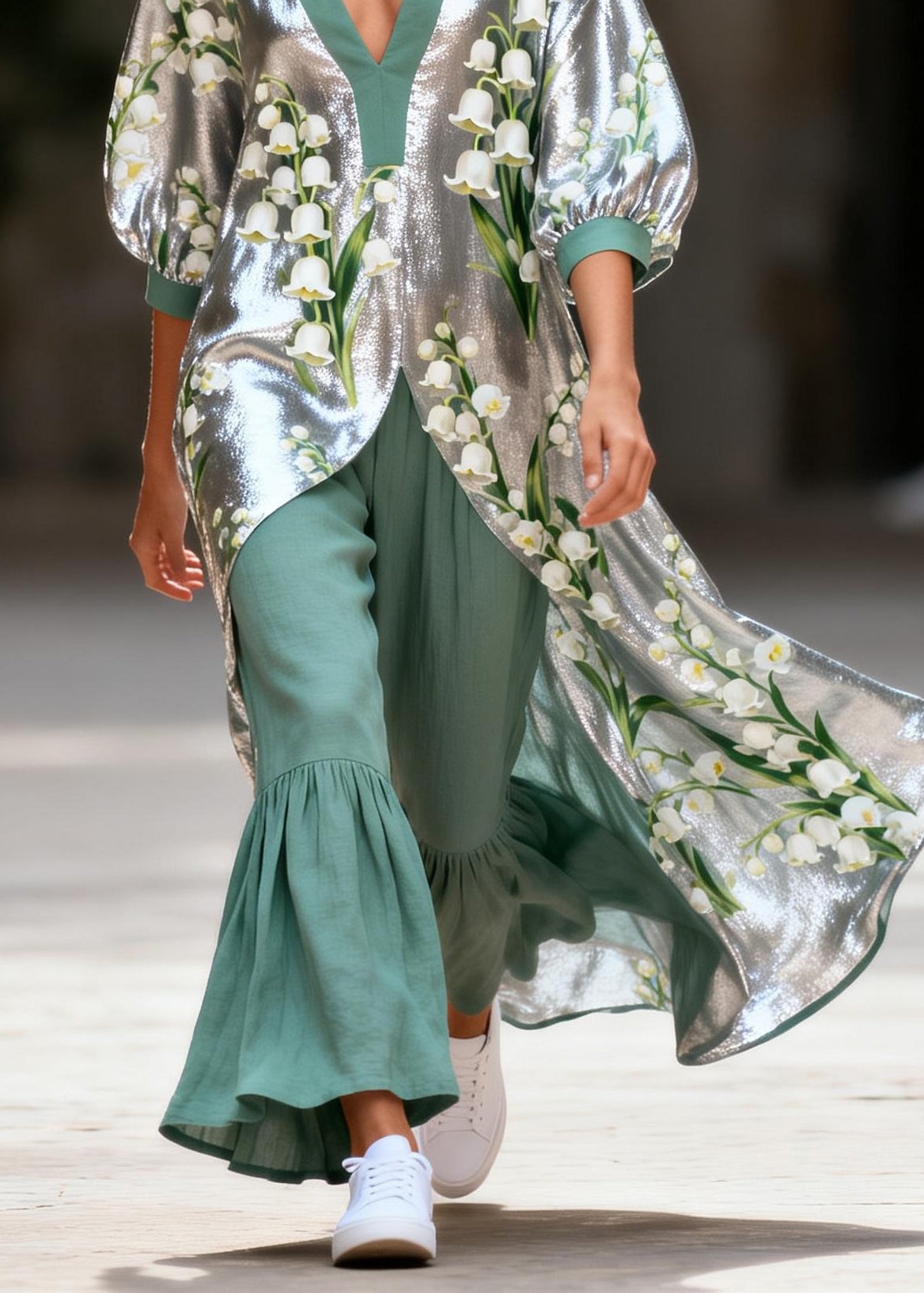 Plus Size V Neck Print Silk Top And Linen Pants Two Pieces Set Summer