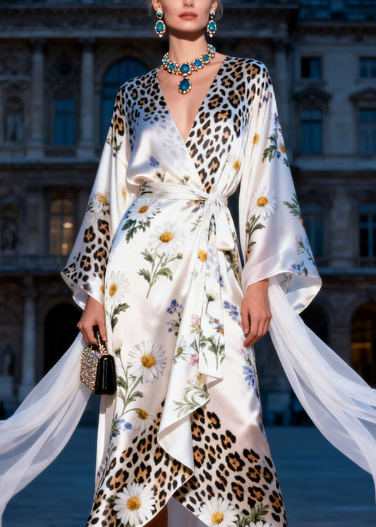 Plus Size V Neck Print Tie Waist Silk Maxi Dresses Summer