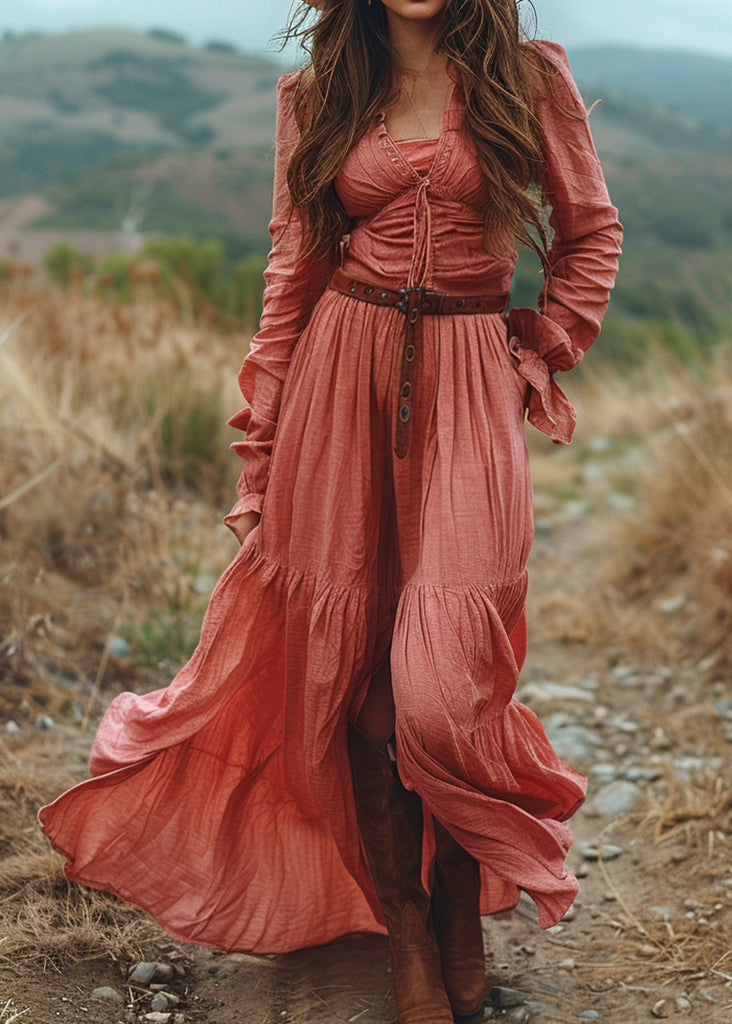 Plus Size V Neck Ruffled Patchwork Cotton Long Dress Spring