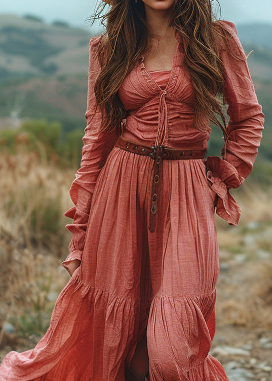 Plus Size V Neck Ruffled Patchwork Cotton Long Dress Spring