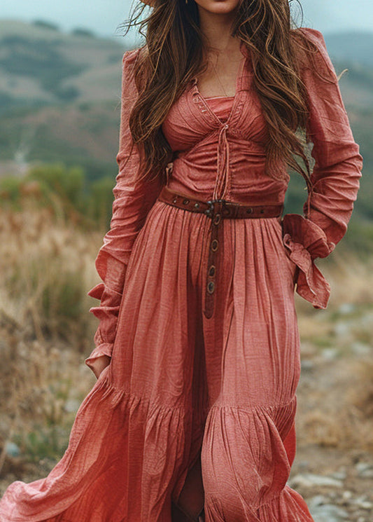 Plus Size V Neck Ruffled Patchwork Cotton Long Dress Spring