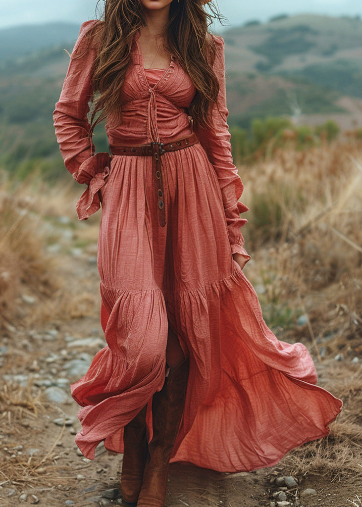 Plus Size V Neck Ruffled Patchwork Cotton Long Dress Spring