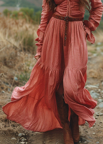 Plus Size V Neck Ruffled Patchwork Cotton Long Dress Spring