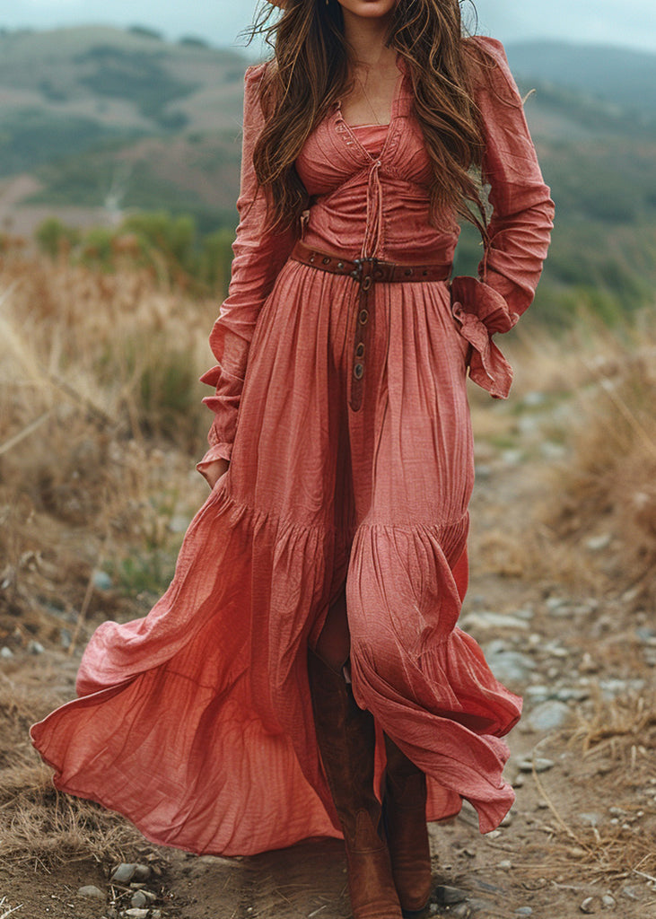 Plus Size V Neck Ruffled Patchwork Cotton Long Dress Spring