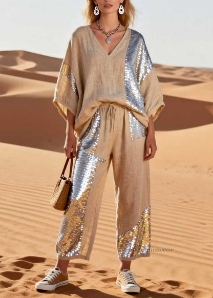 Plus Size V Neck Sequins Patchwork Linen Two Piece Set Spring