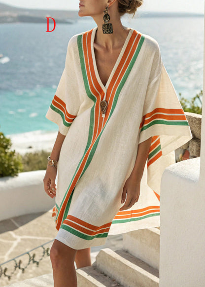 Plus Size V Neck Striped Vacation Cotton Mid Dress Summer