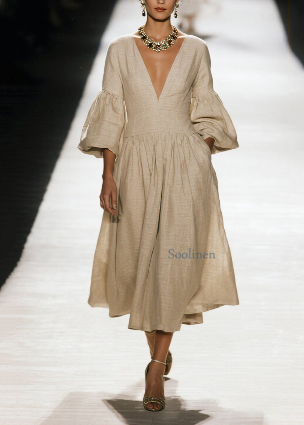 Plus Size V Neck Wrinkled Patchwork Cotton Dress Spring