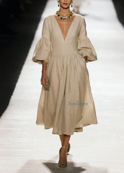 Plus Size V Neck Wrinkled Patchwork Cotton Dress Spring