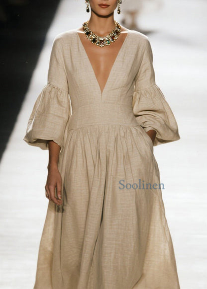 Plus Size V Neck Wrinkled Patchwork Cotton Dress Spring