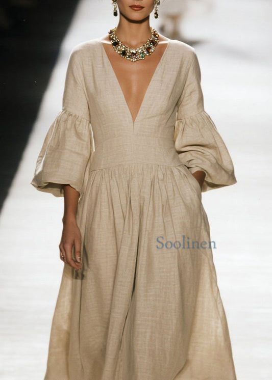 Plus Size V Neck Wrinkled Patchwork Cotton Dress Spring