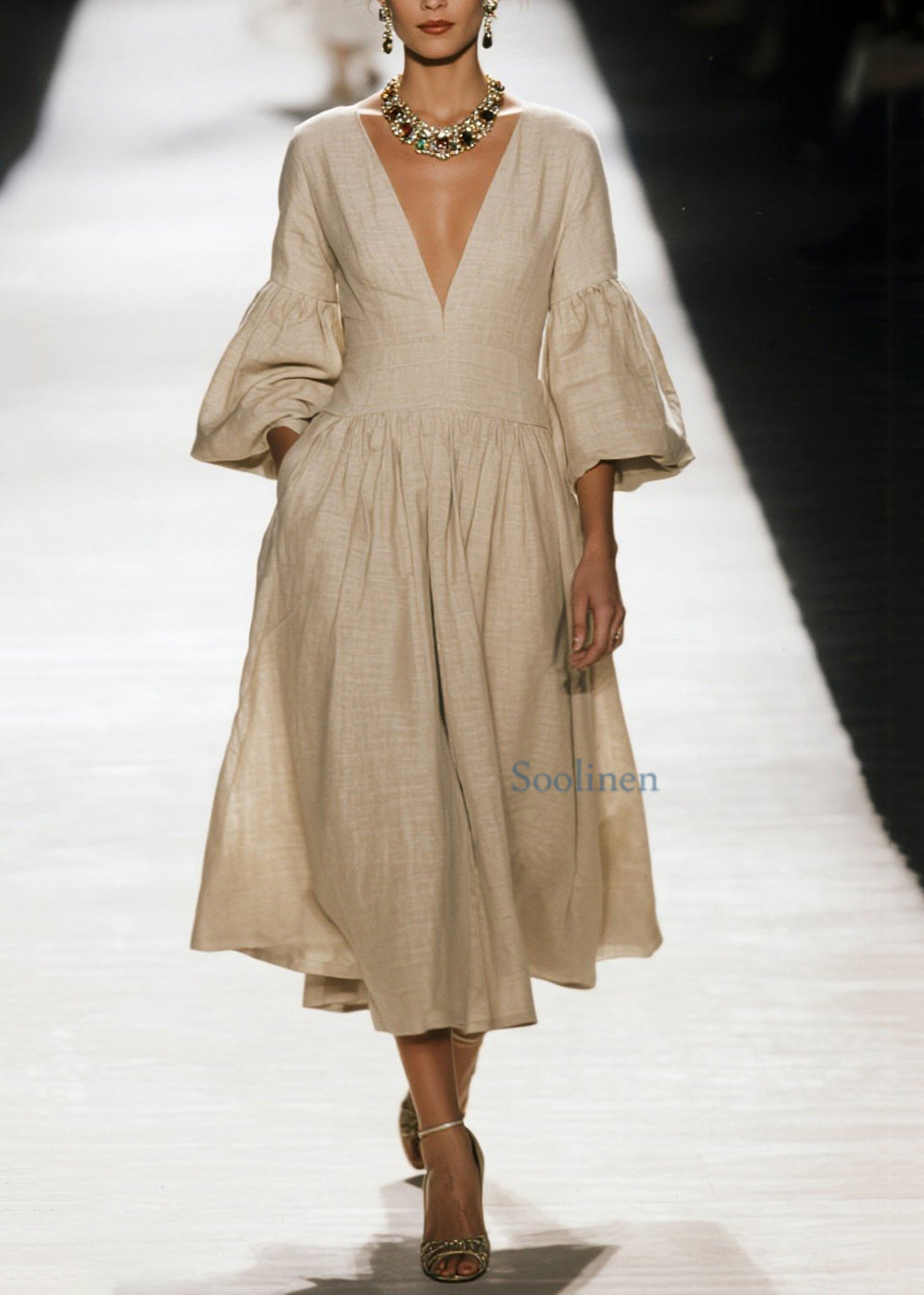 Plus Size V Neck Wrinkled Patchwork Cotton Dress Spring