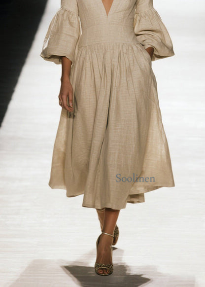 Plus Size V Neck Wrinkled Patchwork Cotton Dress Spring