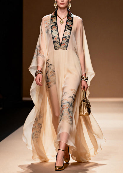 Plus Size Vintage V Neck Print Chiffon Dresses Summer