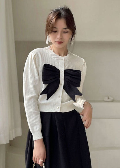 Plus Size White Button Bow Knit Shirt Tops Spring