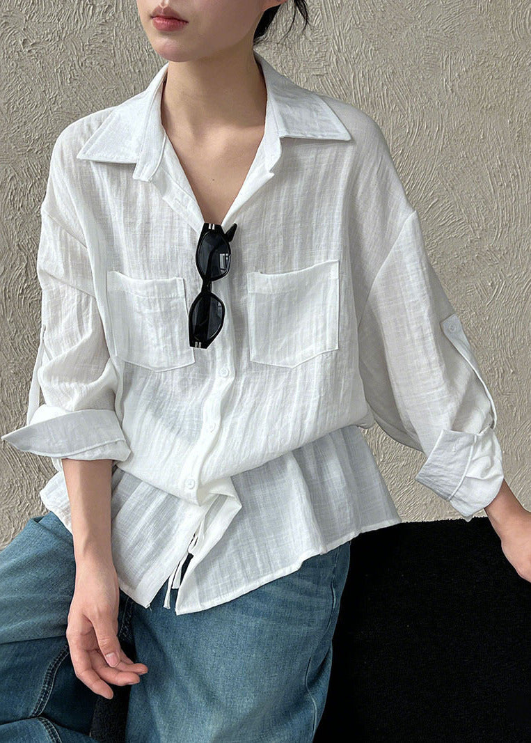 Plus Size White Cinched Cotton UPF 50+ Blouses Spring