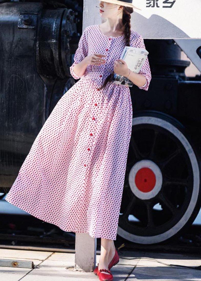 Plus Size White Dot Cinched Button Long Summer Cotton Dress - SooLinen