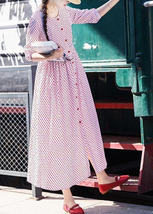 Plus Size White Dot Cinched Button Long Summer Cotton Dress - SooLinen