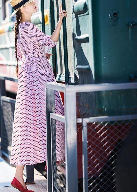 Plus Size White Dot Cinched Button Long Summer Cotton Dress - SooLinen