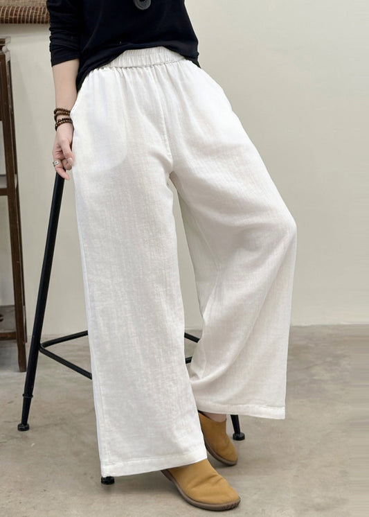 Plus Size White Elastic Waist Linen Straight Pants Summer