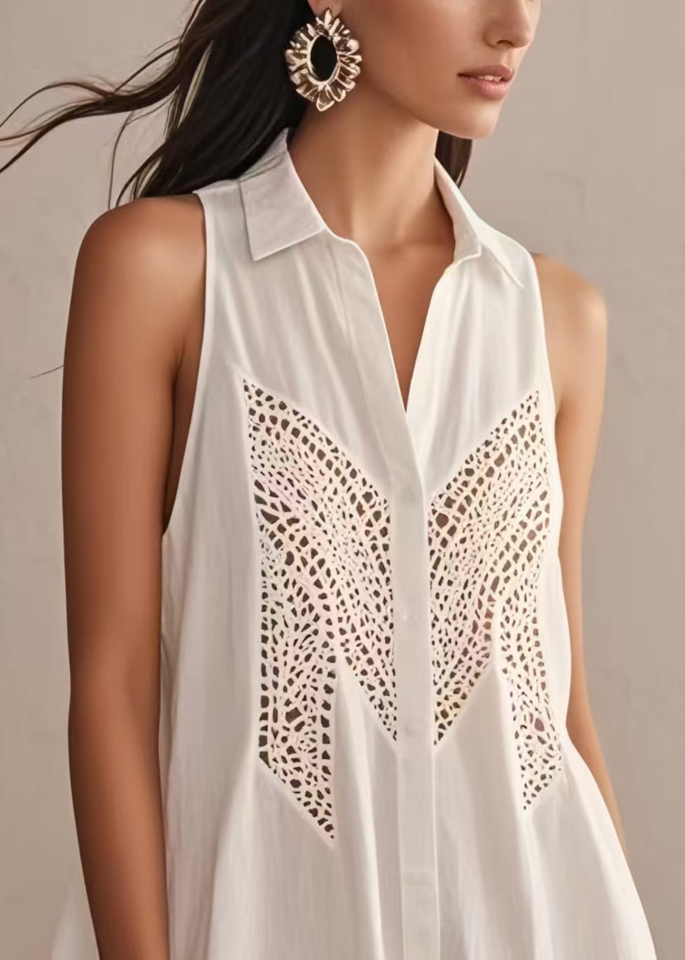 Plus Size White Hollow Out Cotton Day Dress Sleeveless