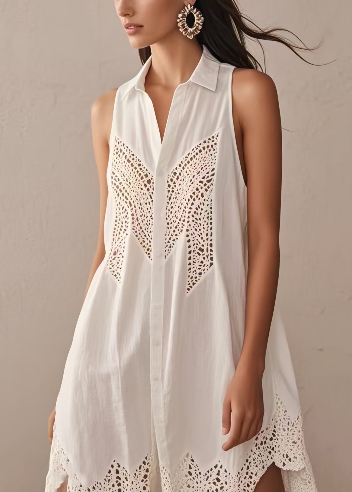 Plus Size White Hollow Out Cotton Day Dress Sleeveless