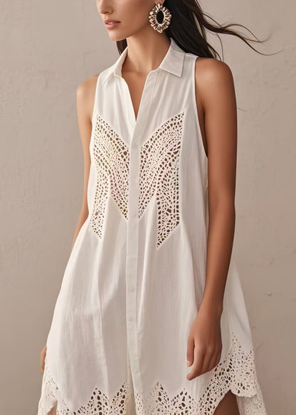 Plus Size White Hollow Out Cotton Day Dress Sleeveless