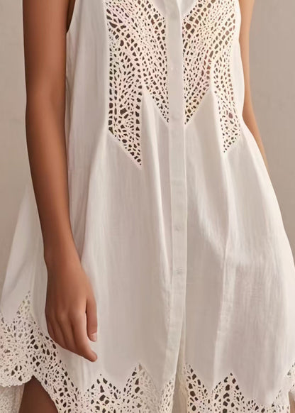 Plus Size White Hollow Out Cotton Day Dress Sleeveless