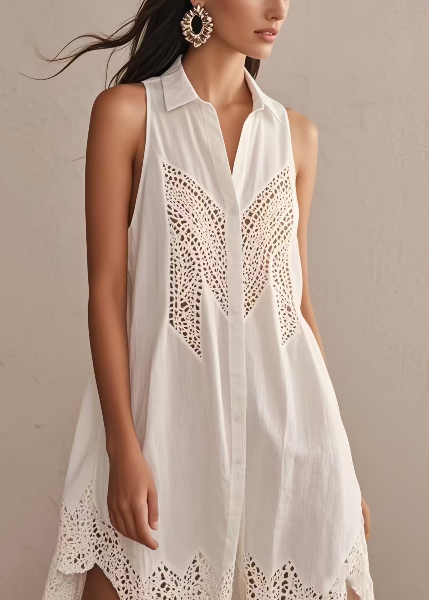 Plus Size White Hollow Out Cotton Day Dress Sleeveless