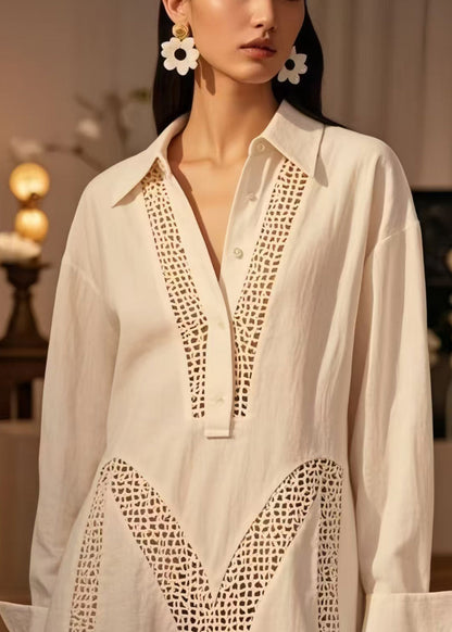 Plus Size White Hollow Out Cotton Maxi Dresses Spring