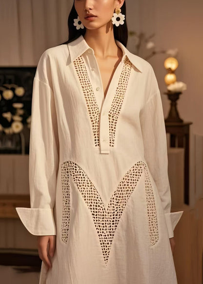 Plus Size White Hollow Out Cotton Maxi Dresses Spring