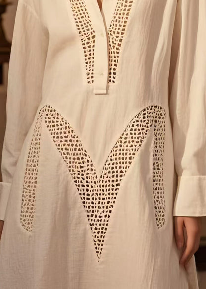 Plus Size White Hollow Out Cotton Maxi Dresses Spring