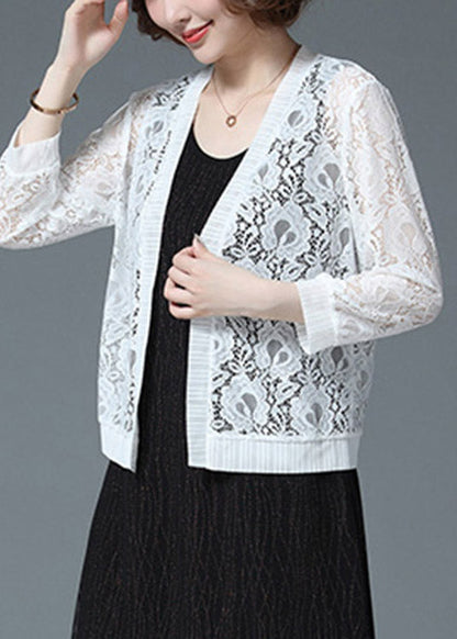 Plus Size White Hollow Out Lace UPF 50+ Cardigan Long Sleeve