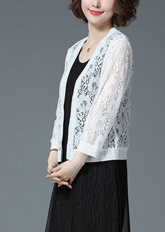 Plus Size White Hollow Out Lace UPF 50+ Cardigan Long Sleeve