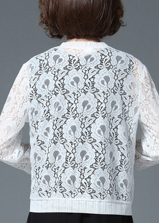 Plus Size White Hollow Out Lace UPF 50+ Cardigan Long Sleeve