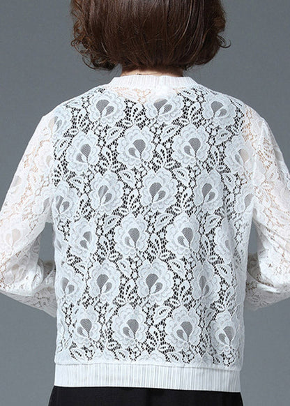 Plus Size White Hollow Out Lace UPF 50+ Cardigan Long Sleeve