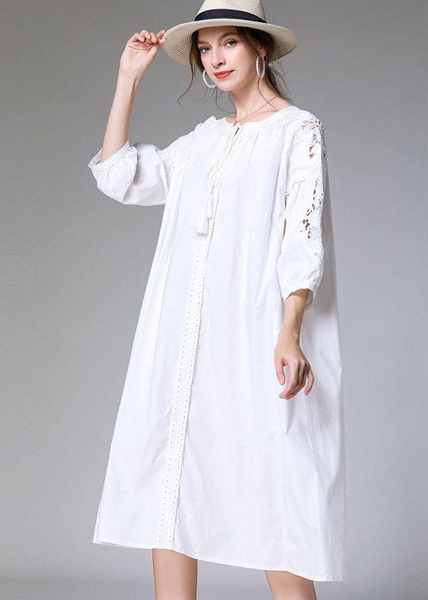 Plus Size White Loose O-Neck A Line Spring Maxi Dress Three Quarter Sleeve - SooLinen
