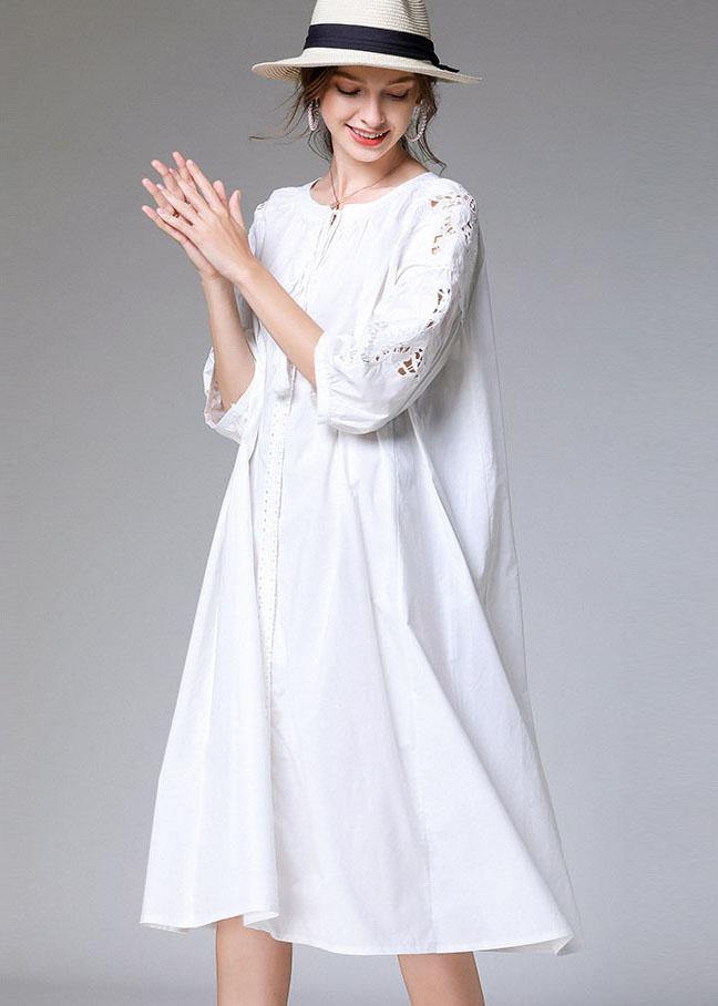 Plus Size White Loose O-Neck A Line Spring Maxi Dress Three Quarter Sleeve - SooLinen