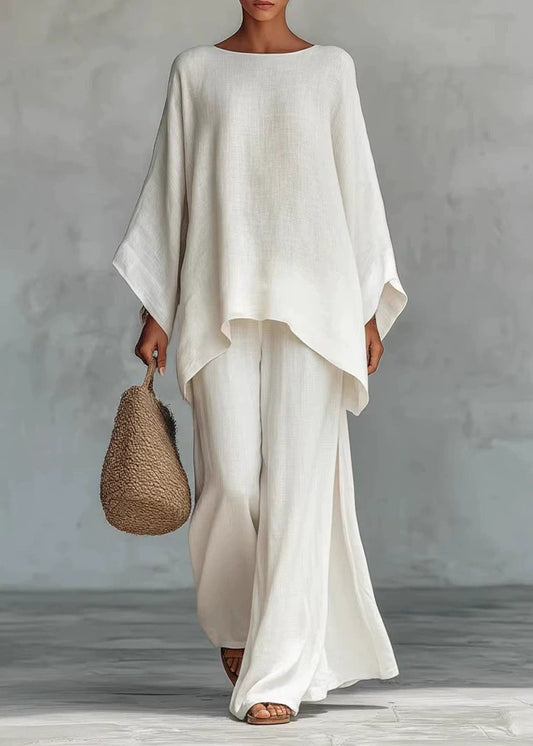 Plus Size White O Neck Asymmetrical Design Cotton Two Pieces Set Summer