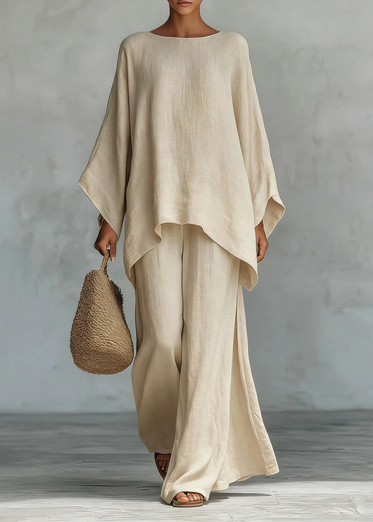 Plus Size White O Neck Asymmetrical Design Cotton Two Pieces Set Summer