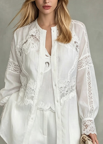 Plus Size White O Neck Hollow Out Patchwork Cotton Shirt Top Fall