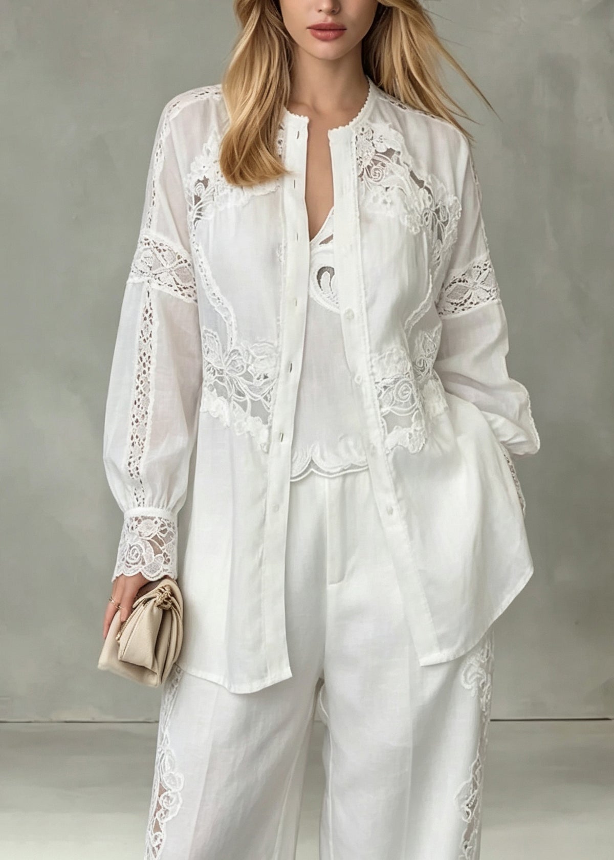 Plus Size White O Neck Hollow Out Patchwork Cotton Shirt Top Fall
