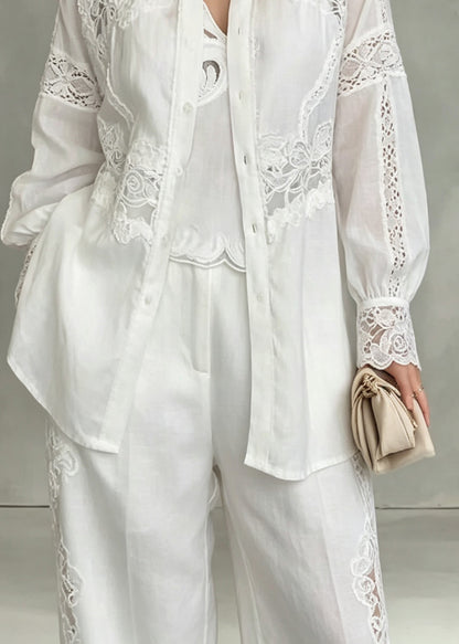 Plus Size White O Neck Hollow Out Patchwork Cotton Shirt Top Fall