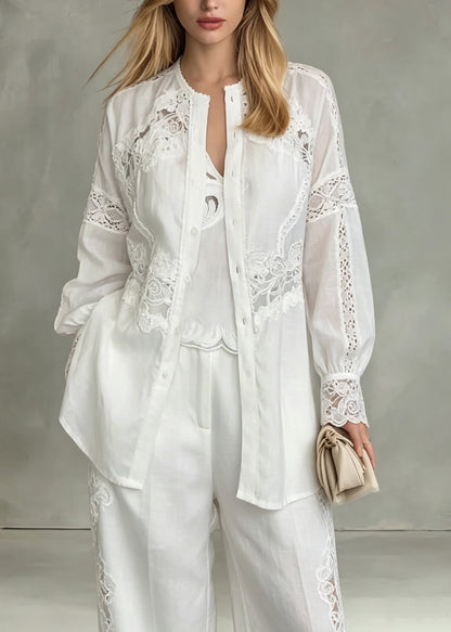 Plus Size White O Neck Hollow Out Patchwork Cotton Shirt Top Fall