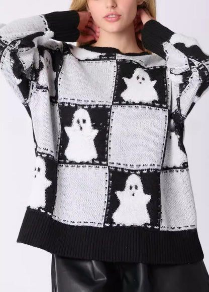 Plus Size White O Neck Plaid Knit Sweater Long Sleeve