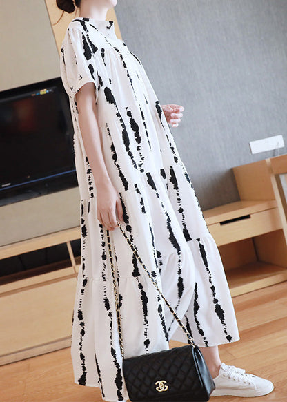 Plus Size White O-Neck Striped Print Wrinkled Button Maxi Dresses Summer
