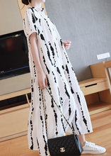 Load image into Gallery viewer, Plus Size White O-Neck Striped Print Wrinkled Button Maxi Dresses Summer