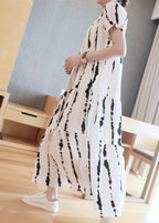 Plus Size White O-Neck Striped Print Wrinkled Button Maxi Dresses Summer