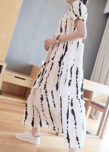 Plus Size White O-Neck Striped Print Wrinkled Button Maxi Dresses Summer